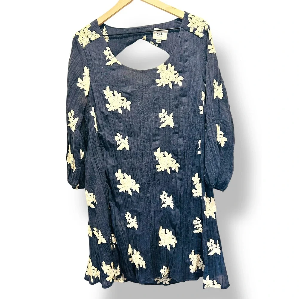 ECI New York Dress Blue Floral Embroidered Cutout Back Midi Women's XL